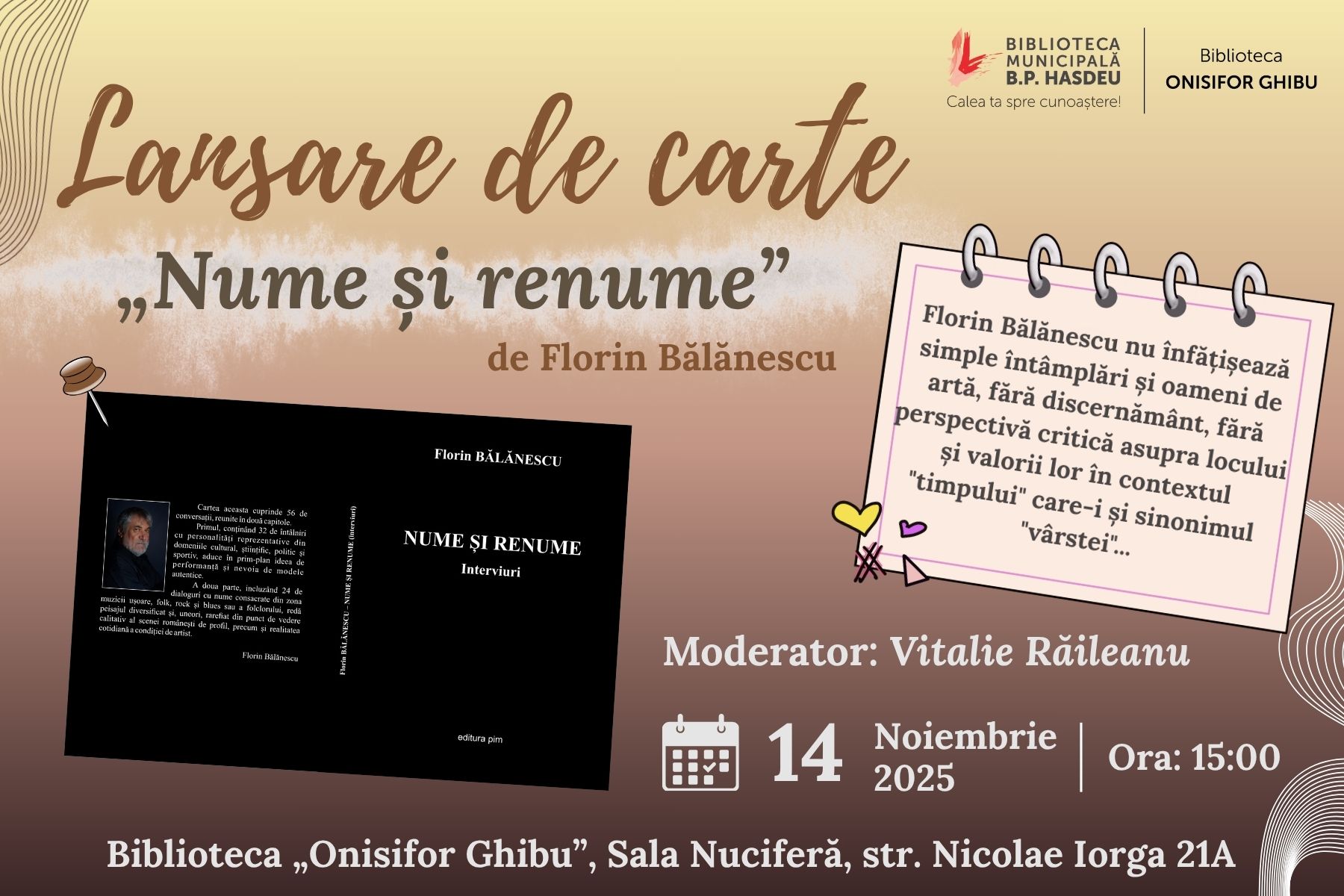 Florin Bălănescu revine la Chișinău cu premiera lansării noii sale cărți 