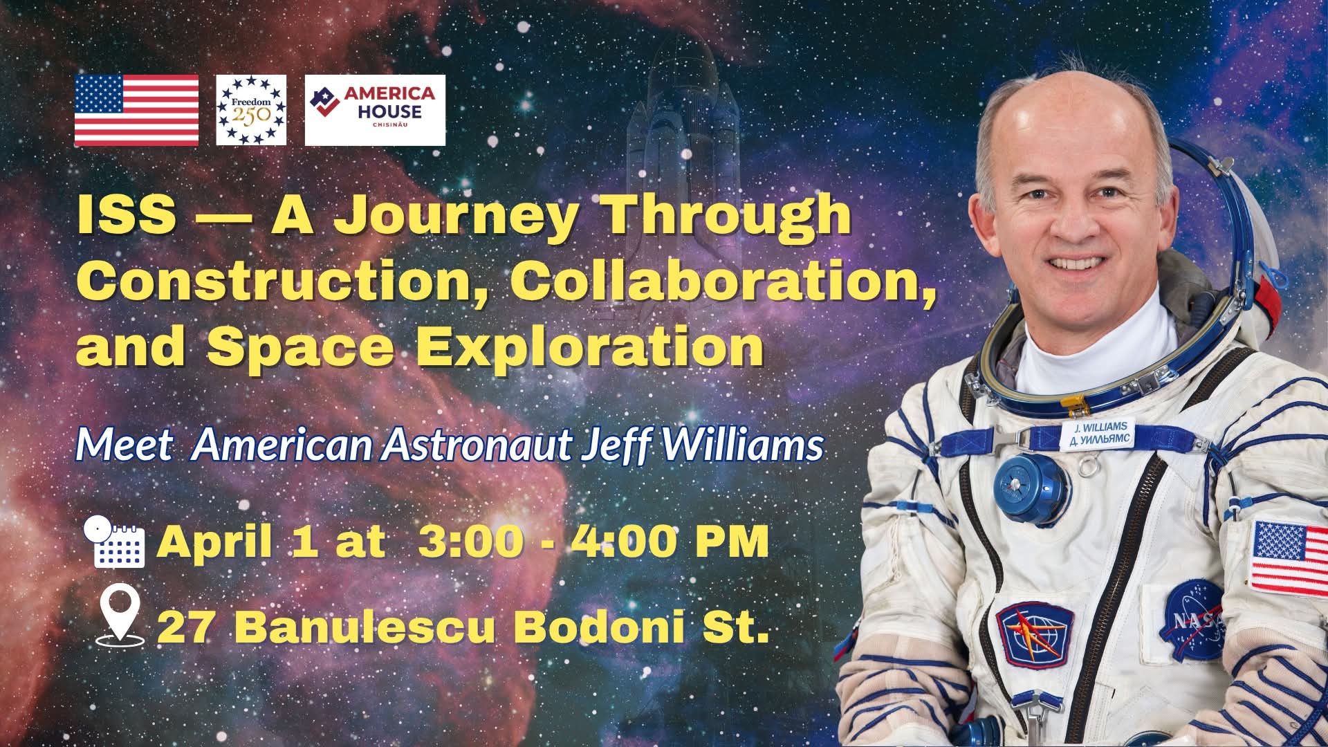 Astronautul Jeff Williams vine la Chișinău: o întâlnire despre spațiu, tehnologie și leadership