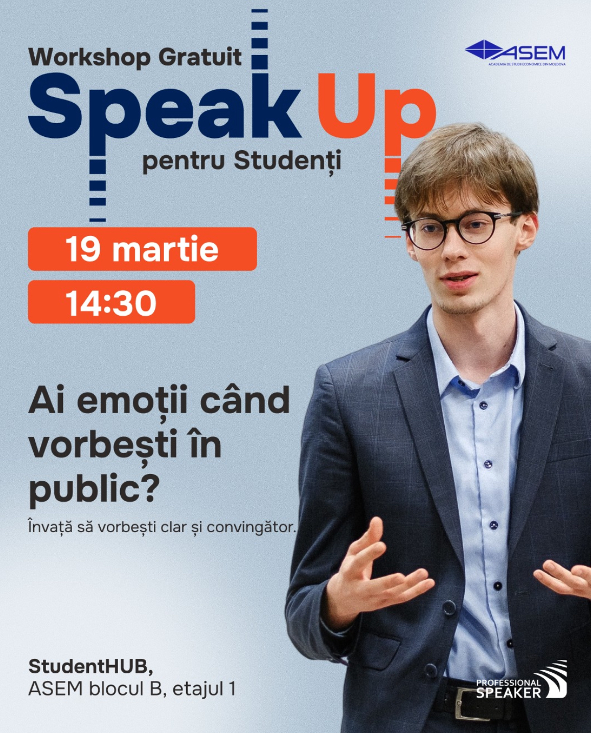 SpeakUp Student: workshop gratuit la ASEM pentru tinerii care vor să vorbească mai clar și cu mai multă încredere