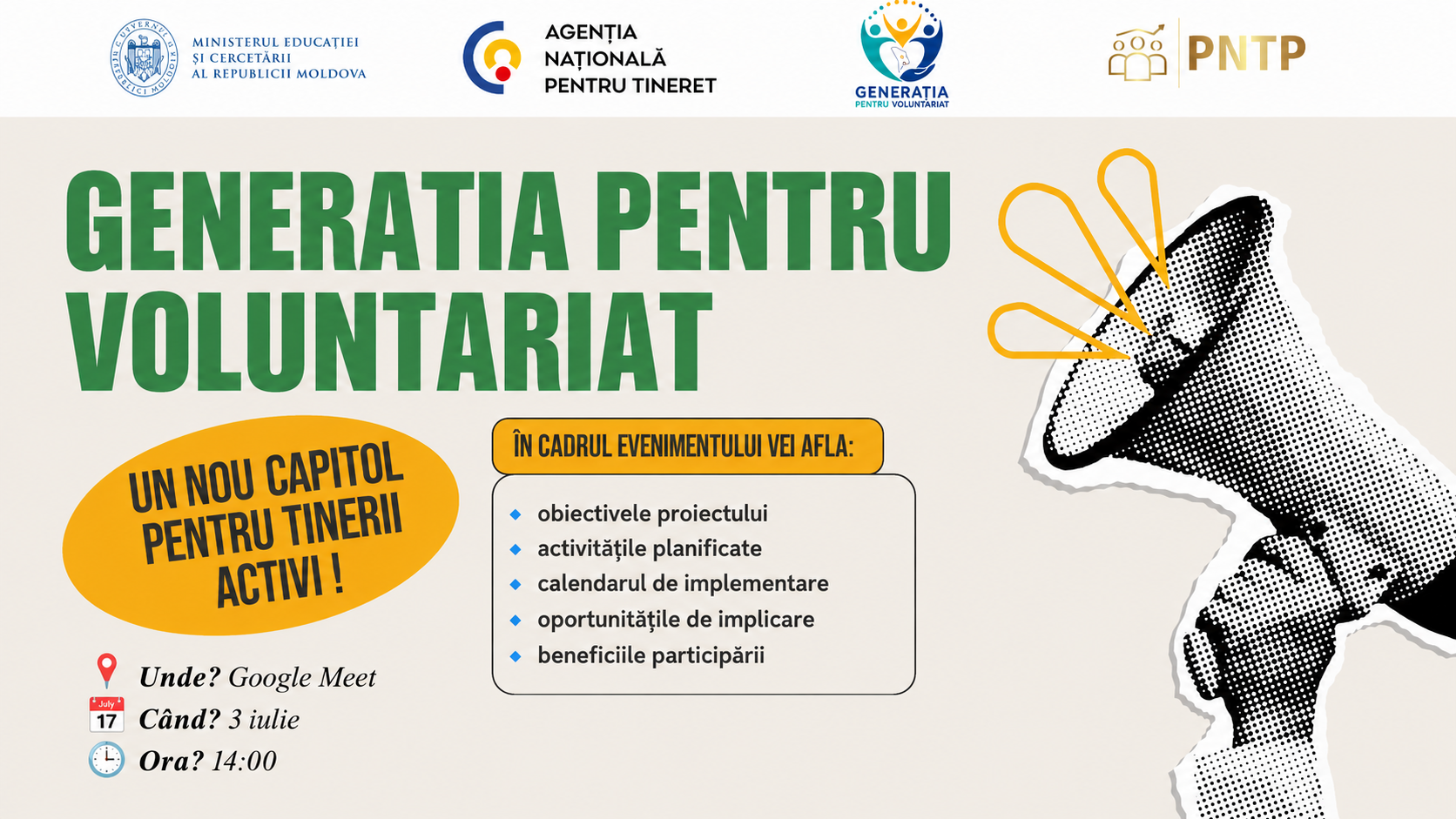 Un nou capitol pentru tinerii activi își deschide porțile! Participă la eveniment de lansare a proiectului „Generația Pentru Voluntariat”.